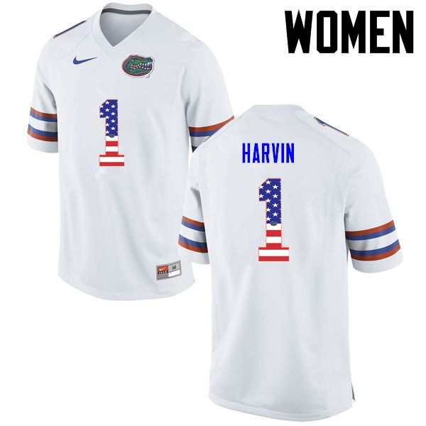 Women's NCAA Florida Gators Percy Harvin #1 Stitched Authentic USA Flag Fashion Nike White College Football Jersey NOI4265ML